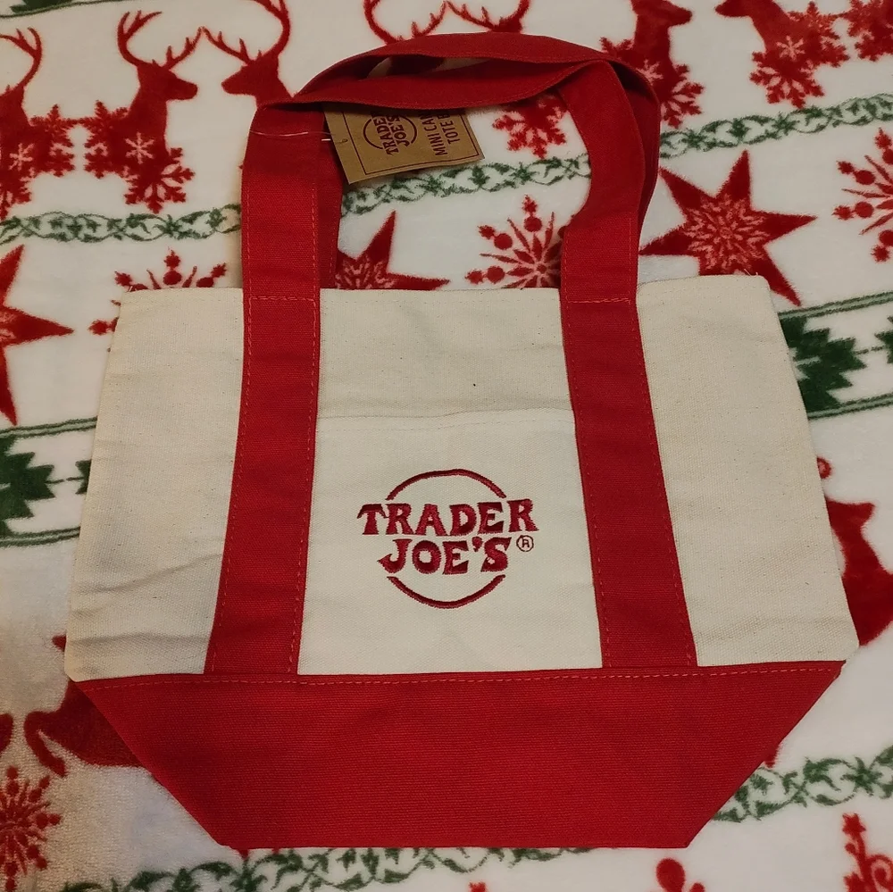 Limited Edition Trader Joe's Mini Tote Bags In Holiday Red & Green - Picture 2 of 4